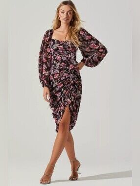 ASTR Floral Puff-Sleeve Midi Dress in Black and Pink